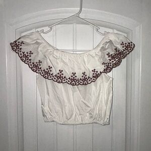 Embroidered White Off-Shoulder Crop Top Medium